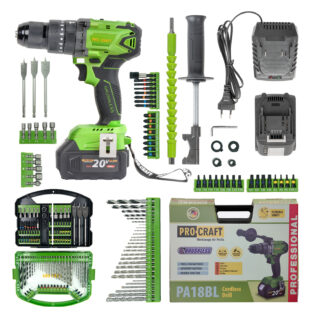 Bezuhlíková aku príklepová vŕtačka Procraft SPA18BL so sadou bitov DBS-101