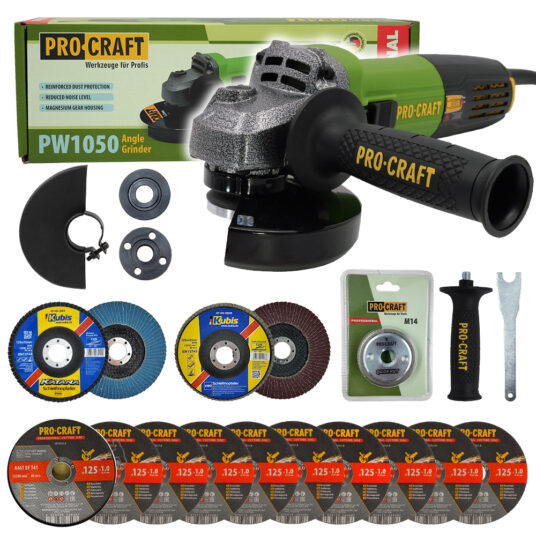 Uhlová brúska Procraft SPW1050 + rýchloupínacia matica RM14, 10x rezací kotúč CD125x1,0