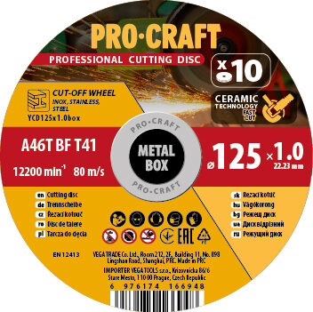 Procraft rezný kotúč na nerezovú oceľ 10 ks v kovovej krabici YСD125x1.0b