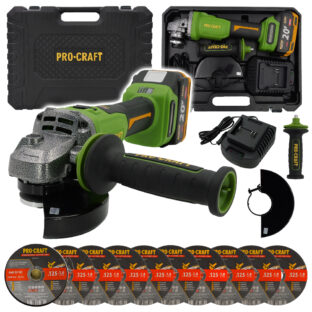 Aku uhlová brúska Procraft PWA220 + rýchloupínacia matica, 10× rezací kotúč CD125×1.0 | SPWA220/CD125x1.0b/RM14