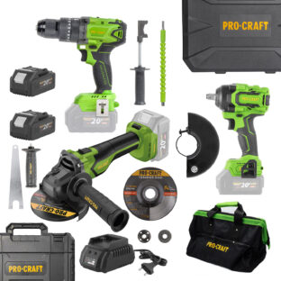 Procraft aku bezuhlíková sada náradia 20V, 5 dielov PA18BLbb, BG400, PWA18bb, PGA22, 20/4