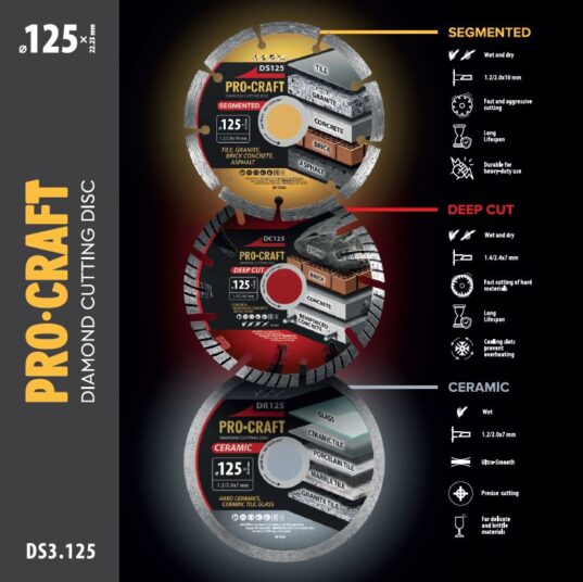 Sada aku uhlová brúska Procraft PGA22 a diamantové kotúče DS3.125 + taška na náradie + 2× batérie