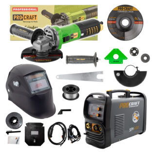 Sada zvárací poloautomatický invertor SPI-320 s uhlovou brúskou PW2450 + zvárací drôt FW81 + kukla SPH90-800-B + magnet WH33